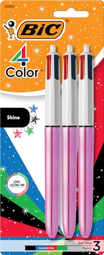 BIC 4 Color Shine Retractable Ballpoint Pen with 1.0 mm Point and Wide Barrel, 3-Count in Assorted Ink - color: 4 Colors (Black, Blue, Green, Red Ink), size: 1 Count (Pack of 3)