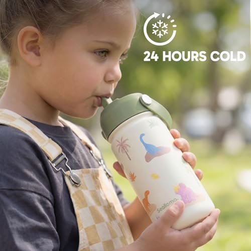 Seallama. Kids Water Bottle - 14 oz Stainless Steel Tumbler with Straw Lid, Vacuum Insulated Double Wall Travel Cup, Leak-Proof Reusable Drink Bottle for School & Everyday Hydration - color: Dino Darling