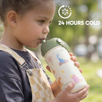 Seallama. Kids Water Bottle - 14 oz Stainless Steel Tumbler with Straw Lid, Vacuum Insulated Double Wall Travel Cup, Leak-Proof Reusable Drink Bottle for School & Everyday Hydration - color: Dino Darling