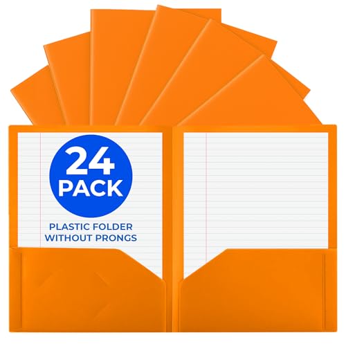 24 Pack Orange Plastic Folders with Pockets Heavy Duty. 2 Pocket Folder no Prongs Bulk. Tear-Resistant Letter Size 8.5x11. Presentation Ready School and Office Supplies - color: Orange, style: No Prongs