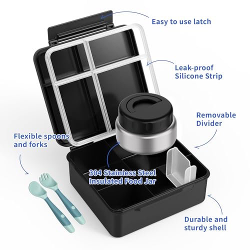 Bento Box for Kids with Thermo Food Container (9oz), 4-Compartment Lunch Box, Adjustable Divider, Leakproof Bento Lunch Box, Includes Utensils & Carry Bag for School, Office(Black) - color: Black