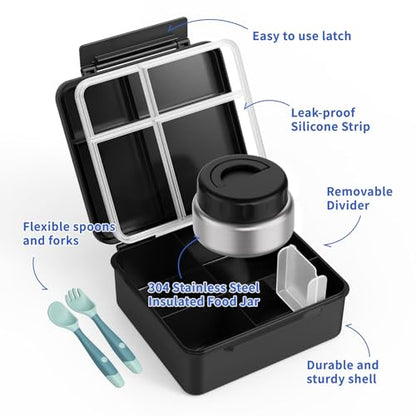 Bento Box for Kids with Thermo Food Container (9oz), 4-Compartment Lunch Box, Adjustable Divider, Leakproof Bento Lunch Box, Includes Utensils & Carry Bag for School, Office(Black) - color: Black