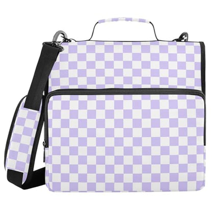 Lavender Purple White Checkered Binder Bag 3 Ring Zipper Binders with Shoulder Strap for School Office Organizer Storage - color: Q013