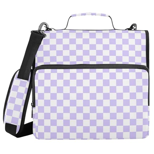 Lavender Purple White Checkered Binder Bag 3 Ring Zipper Binders with Shoulder Strap for School Office Organizer Storage - color: Q013