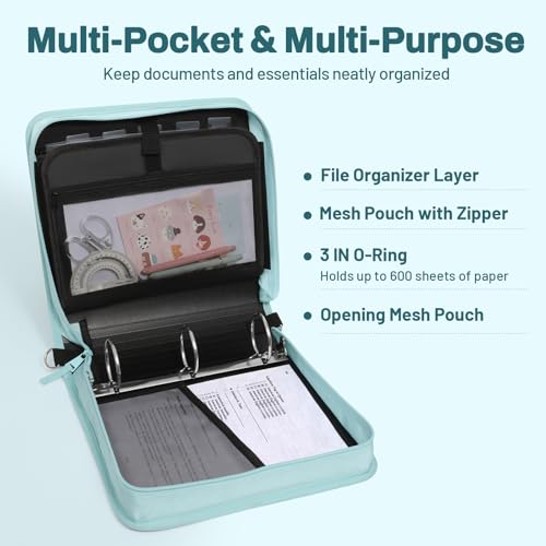 SUNEE Zipper Binder 3 Ring, 3 Inch O-Ring with Handle and Shoulder Strap, 600-Sheet Capacity, 5-Tab Expanding File Folder, Multi-Pockets for Middle School Organizer Binder with Zipper, Sky Blue - color: Sky Blue