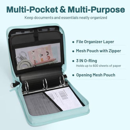 SUNEE Zipper Binder 3 Ring, 3 Inch O-Ring with Handle and Shoulder Strap, 600-Sheet Capacity, 5-Tab Expanding File Folder, Multi-Pockets for Middle School Organizer Binder with Zipper, Sky Blue - color: Sky Blue