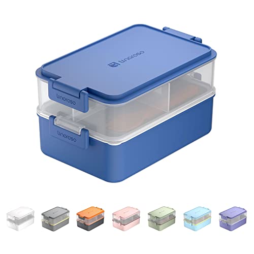 linoroso Stackable 2-Tier Adult Bento Box, 4 Compartments - Classic Blue | leakproof sauce cups, utensil set included, microwave & dishwasher safe, 7 colors available, ideal for work/school/picnic - color: Classic Blue