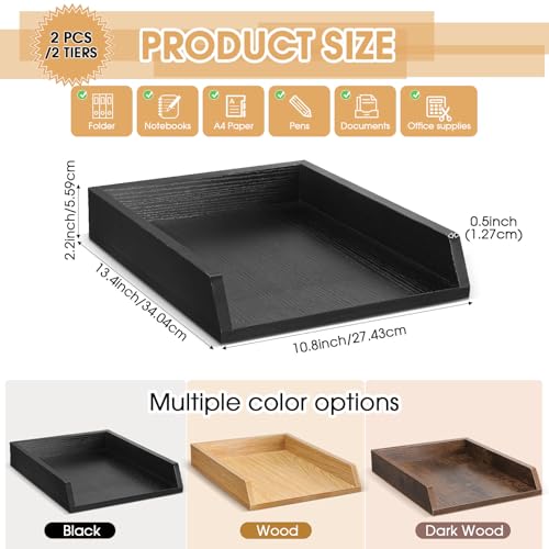 DoubleFill 2 Pcs Wooden Letter Trays 2 Tier Desktop Paper Organizer Wood Letter-Size Desk Document Tray Heavy Duty Stackable Paper Drawer Holder File Folder Back to School Office Home (Black) - color: Black