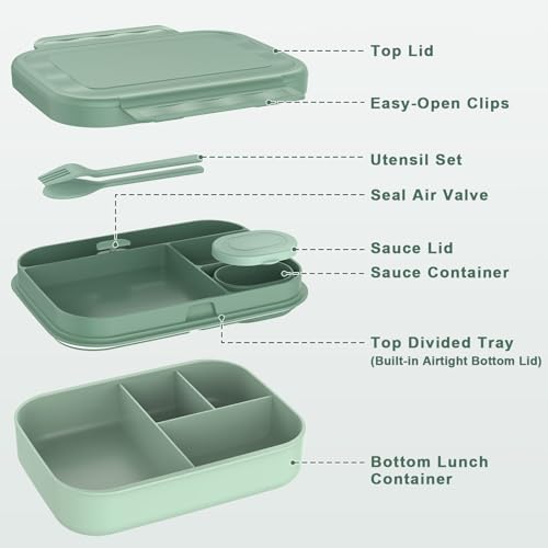 Caperci Stackable Bento Lunch Box for Adult & Teens - Reinforced Leak-Proof Lunch Container 4-Compartment with Utensils & Sauce Container, BPA-Free, Dishwasher/Microwave Safe, 47oz (Khaki Green) - color: Khaki Green