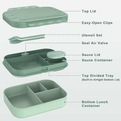 Caperci Stackable Bento Lunch Box for Adult & Teens - Reinforced Leak-Proof Lunch Container 4-Compartment with Utensils & Sauce Container, BPA-Free, Dishwasher/Microwave Safe, 47oz (Khaki Green) - color: Khaki Green