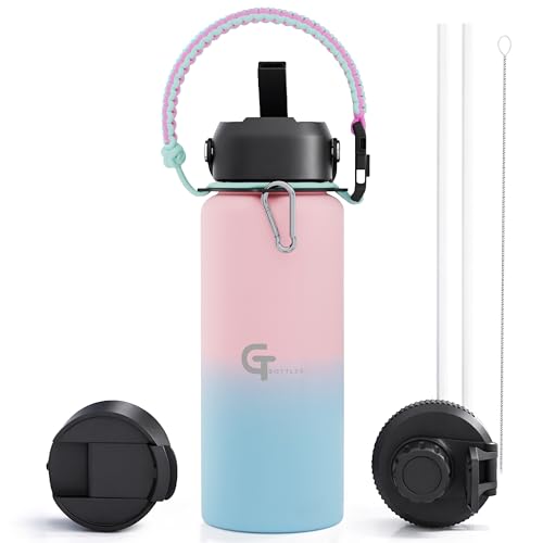 32oz Insulated Stainless Steel Water Bottle with 3 Lids & Paracord Handle – Leakproof Wide Mouth Metal Sports Bottle for Gym, School & Travel (Pink/Sky Blue, 32oz) - color: Pink/Sky Blue, size: 32oz