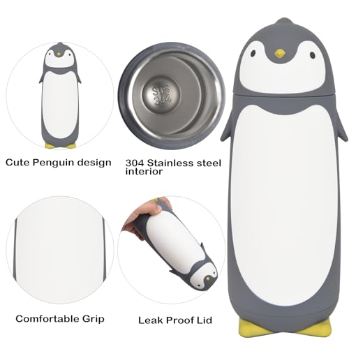 Penguin Insulated Water Bottle - Stainless Steel Vacuum Double Walled Bottle Flask Travel Mug for Kids, Students, 9.6oz, Grey - color: Gray