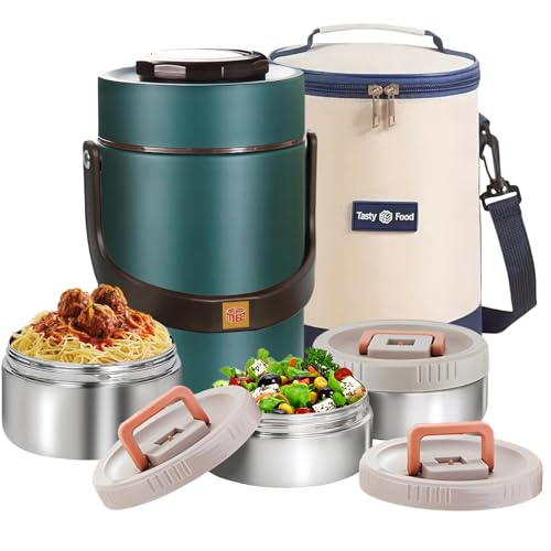 67 oz Adults Stainless Steel Vacuum Insulated Wide Mouth Soup Food Thermo Hot Food Jar with Keep Thermal Portable 3 Tier Stackable Bento Hot Food Containers Lunch Boxes (67 oz Green) - color: 67 oz Green
