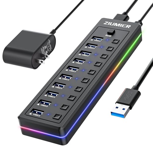 Powered USB Hub, 10-Port USB Splitter with RGB LED Strip | 5Gbps Data Transfer,Individual LED On/Off Switches and 12V/2A Power Adapter for Laptop, PC, Mouse, Keyboard, Hard Drive - style: 10 PORT