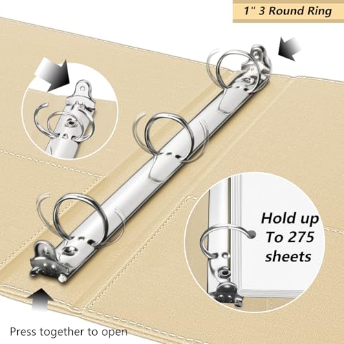 1 Inch 3 Ring Leather Binder Organizer, BVSSX Three Ring Binders with Clipboard, Plastic Folder, 5-Tabs Pocket Dividers with Sticker Labels, Pen Loop, Elastic Strap (Beige,Letter Size) - color: Beige, size: 1in（Letter Size）