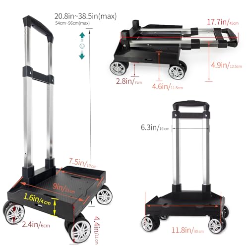 Backpack Trolley Wheeled Cart, Foldable Aluminium Alloy Hand Truck with Edge Guard Base, 4 Spinner Wheels, Luggage Cart with Luggage Strap for Teenagers, Adults, School,Luggage Trolley for Travel - size: 4 Wheels with Edge Guard Base