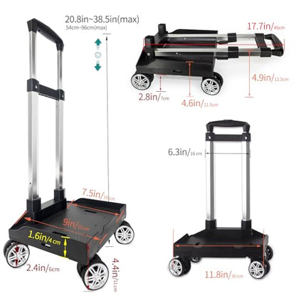 Backpack Trolley Wheeled Cart, Foldable Aluminium Alloy Hand Truck with Edge Guard Base, 4 Spinner Wheels, Luggage Cart with Luggage Strap for Teenagers, Adults, School,Luggage Trolley for Travel - size: 4 Wheels with Edge Guard Base