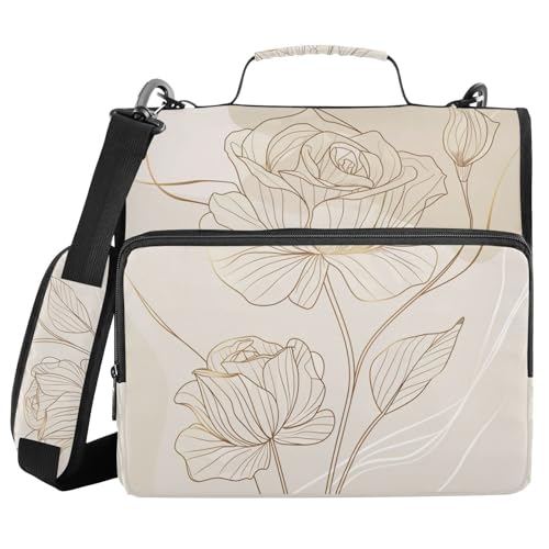 Luxury Rose Flower Line Zipper Binder with Shoulder Strap Bag 3 Ring Binder Organizer Large Capacity Multiple Compartments for School Office - color: Multicolored