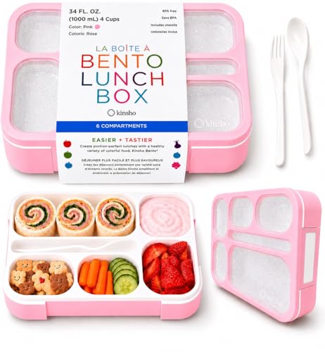 kinsho Glitter Bento Box Lunch Box for Kids Girls, Cute School Snack Meal Prep Container for Lunches, Pink - color: Pink Glitter