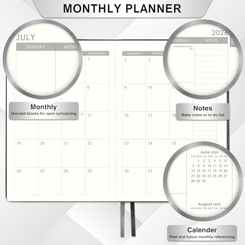 2026-2027 Planner - Weekly Monthly Calendar from July 2026 - June 2027, 5.85‘' x 8.5'' Agenda 2026-2027 with Leather Cover, Pen Holder, Elastic Closure, Ruled pages - color: Grey
