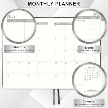 2026-2027 Planner - Weekly Monthly Calendar from July 2026 - June 2027, 5.85‘' x 8.5'' Agenda 2026-2027 with Leather Cover, Pen Holder, Elastic Closure, Ruled pages - color: Grey