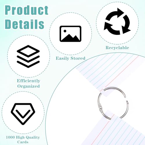1000 Count Index Cards with Ring, 3x5 Inch Ruled Flash Cards, White Index Card with 16 Metal Rings, Heavyweight Study Note Card for Office Exam Organization