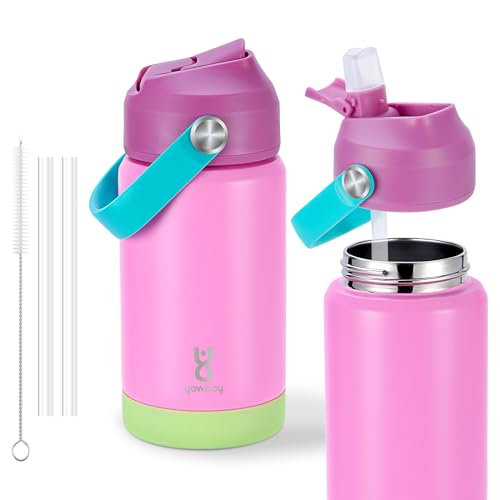 Kids Insulated Water Bottle with Straw Lid & Silicone Handle,12oz Kids Leak Proof Water Bottle for School Boys Girls,Double Wall Vacuum Stainless Steel with Non-slip Silicone Base(Pink) - color: Pink, size: 12 Ounces