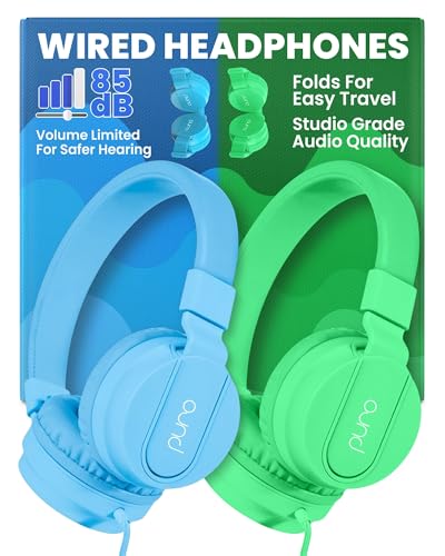 Puro Sound Labs Wired Headphones for Kids - Volume-Limiting, Adjustable Mic & Compatible with Smartphones, Tablets & PCs – Safe, Durable Kids Headphones for School & Travel – PuroBasic, Blue & Green