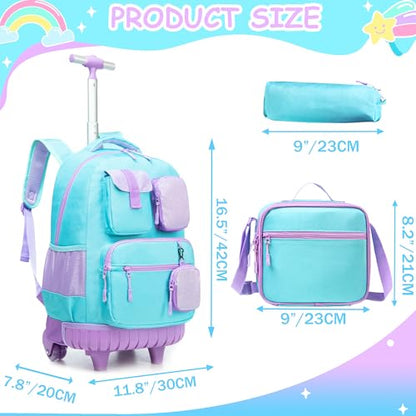 Rolling Backpacks for Kids with Wheels Backpack for School Girls Teen with Lunch Bag Pencil Case Backpack for Girls Bookbags Backpack Toddler Daycare School Bag Elementary - color: Solid Green