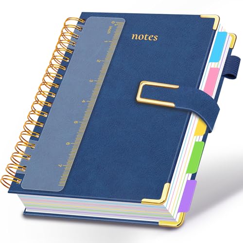Hardcover Spiral Notebook College Ruled, 6.2"x 8.2" Leather Journal Notebook with Magnetic Closure, 300 Pages 5 Subject Notebook with Dividers Tabs Journal for Women Men, Work, School(Dark Blue) - color: Dark Blue, size: A5-6.2"x8.2"