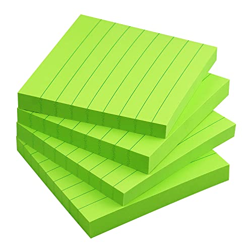 Lined Sticky Notes 3x3 in, Self-Adhesive, 4 Pads, 90 Sheets/Pad (Green) | Strong Self-Adhesive Backing, Sticks Firmly and Removes Cleanly - color: Green