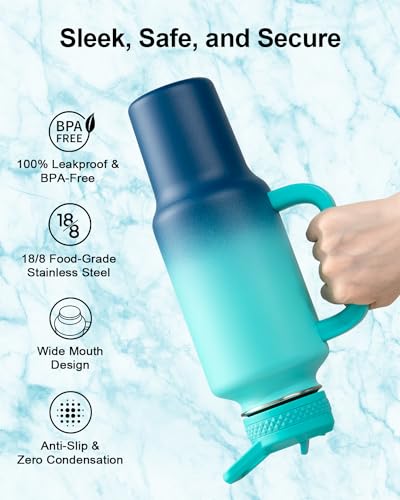 Trebo Insulated Water Bottle 40oz Fits in Car Cup Holder with Side Handle | Stainless Steel Metal Tumbler with Straw Spout Lids, Triple-Wall Vacuum Copper Plated, Cold 48 Hrs Hot 24 Hrs for Travel, Gym - color: Blue, size: 40 Ounces