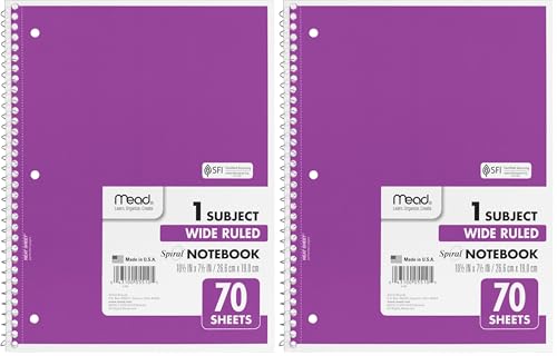 Mead Spiral Notebook, 1 Subject, Wide Ruled Paper, 70 Sheets, 10-1/2" x 7-1/2", Assorted Color (05510) (Pack of 2)