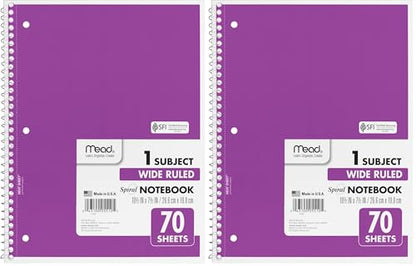 Mead Spiral Notebook, 1 Subject, Wide Ruled Paper, 70 Sheets, 10-1/2" x 7-1/2", Assorted Color (05510) (Pack of 2)