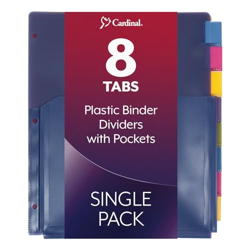 Cardinal Expanding Poly Pocket Dividers - 8 Tab Dividers w/Pockets for 3 Ring Binder - Multi Colors for Filing & Organizing Documents - Perfect for Home, Office, & School Use - 8 Dividers (Pack of 1)