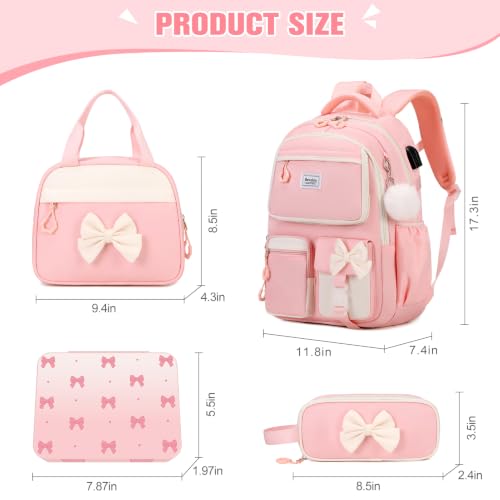 Bevalsa Backpack for Girls, Bow Bookpack with Bento Lunch Box, Insulated Bag & Utensils, 34oz Lunch Containers School Bags Set for Children Teens Kids Elementary Middle school Student (Pink) - color: Pink
