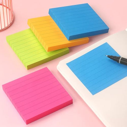 Lined Sticky Notes 3x3 in, Self-Adhesive, Bright, 4 Pads, 90 Sheets/Pad | Lined Surface for Neat and Organized Writing Strong Self-Stick Adhesive, Sticks Securely and Peels Cleanly - color: Bright