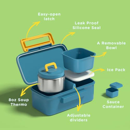 Bento Lunch Box for Kids With 8oz Food Thermo,BPA-Free for School | Lunch Container with 2 Compartments, Insulated Food Jar, Dishwasher Safe, Easy to Clean, Lunch Box for Girls Boys - color: Blue Dinosaur1