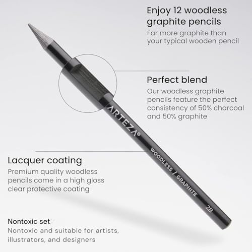 ARTEZA Woodless Graphite Pencils, Set of 12, HB, 2B, 4B, 6B, 8B, and EE
