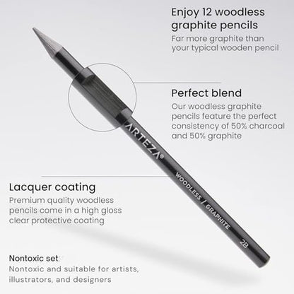 ARTEZA Woodless Graphite Pencils, Set of 12, HB, 2B, 4B, 6B, 8B, and EE