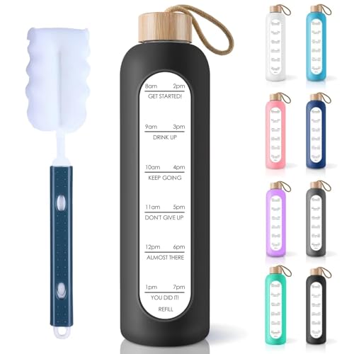 PROBTTL 25 oz Glass Water Bottles - Time Marker Motivational Borosilicate Glass Water Bottle With Silicone Sleeve and Bamboo Lid, Leak Proof, Reusable, BPA Free (Black) - color: Black, size: 25 Ounces