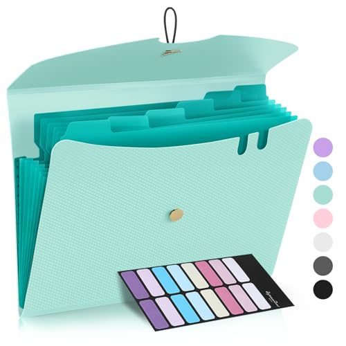 Sooez 7 Pocket Accordion File Organizer, Premium Expanding File Folder, Letter Size Folders for Documents, Sleek Filing Folders with Bungee Closure, Portable Folders for School Office Supplies, Green - color: Green