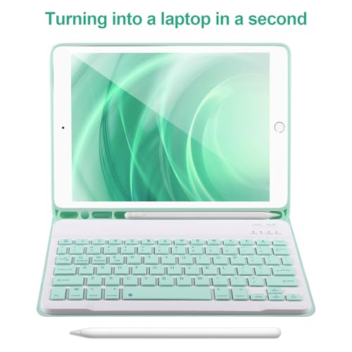 Keyboard Case for iPad 9/8/7th Gen 10.2’’,Case with Keyboard ipad 10.2‘’,Keyboard for iPad 9th Gen,Detachable Bluetooth Keyboard for iPad 10.2 ,iPad keyboard Case 9th Gen with Pencil Holder (Green) - color: Green