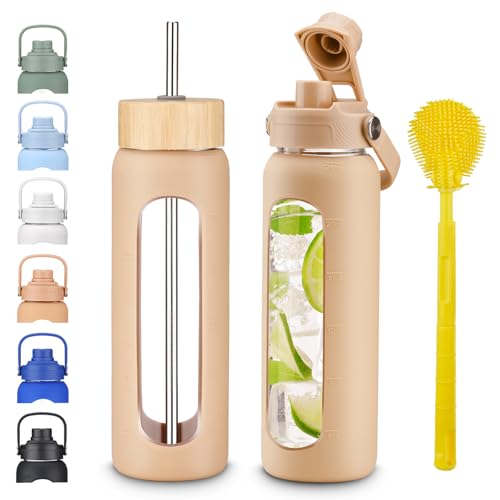 24 oz Borosilicate Glass Water Bottle with 2 Leak-Proof Lids, Bamboo Straw Lid, Silicone Sleeve, BPA Free for Gym, Office, Home & Travel‌ - color: Amber, size: 24 Ounces