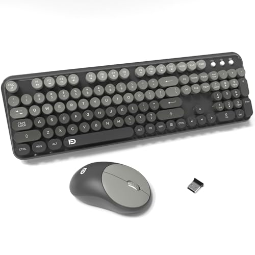 FOPETT Wireless Keyboard and Mouse Combo - Cute Colorful Mouse and Keyboard 2.4G Full-Sized with 104 Round Keys Retro Typewriter Keyboards for Laptop/Windows/PC - Grey Gradient - color: EK8870 Grey Gradient
