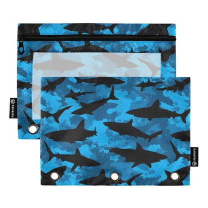 2 Pack Pencil Pouch for 3 Ring Binder Ocean Shark Blue Pencil Case Pouch with Clear Window Zipper Binder Pencil Pouches Pen Bag for Office School Supplies - color: Ocean Shark Blue