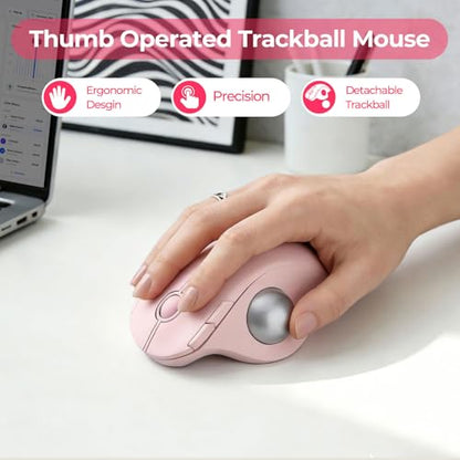 seenda Wireless Trackball Mouse, Ergonomic Bluetooth Rollerball Mouse Rechargeable, 3 Device Connection Optical Mice Adjustable DPI Thumb Control Mice Compatible for PC/Laptop/Windows/Mac - Rose Pink - color: Rose Pink