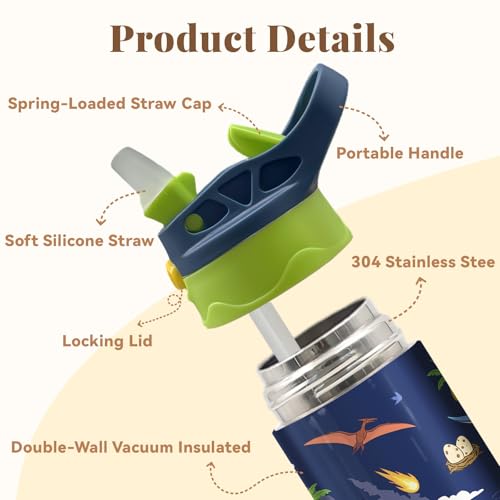 Dinosaur Gifts for Boys Girls - 12oz Kids Water Bottle with Straw, Dino Stainless Steel Water Bottle, Insulated, Leak-proof, BPA-free, Pop-up Straw Lid, for School - Children Birthday Gift Cup(1pc) - color: Dinosaur