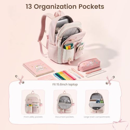 LOVEVOOK School Backpack for Teen Girls, Student Backpack Purse for 8-16 Teenage, Cute Kid Bookbag with Large Cup Holder, Back to School Backpacks Fit 15.6 Inch Laptop, Large College Travel Bag Gift - color: Light Green-white-pink With Reflective Strip, s
