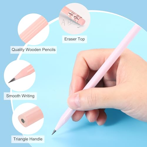 PATIKIL Round Pencils, 24 Pcs Triangle HB Graphite Pencil Wooden Pencils with Eraser for Classroom Office Writing Drawing Supplies, Pink - color: Pink, size: 1 Count (Pack of 24)